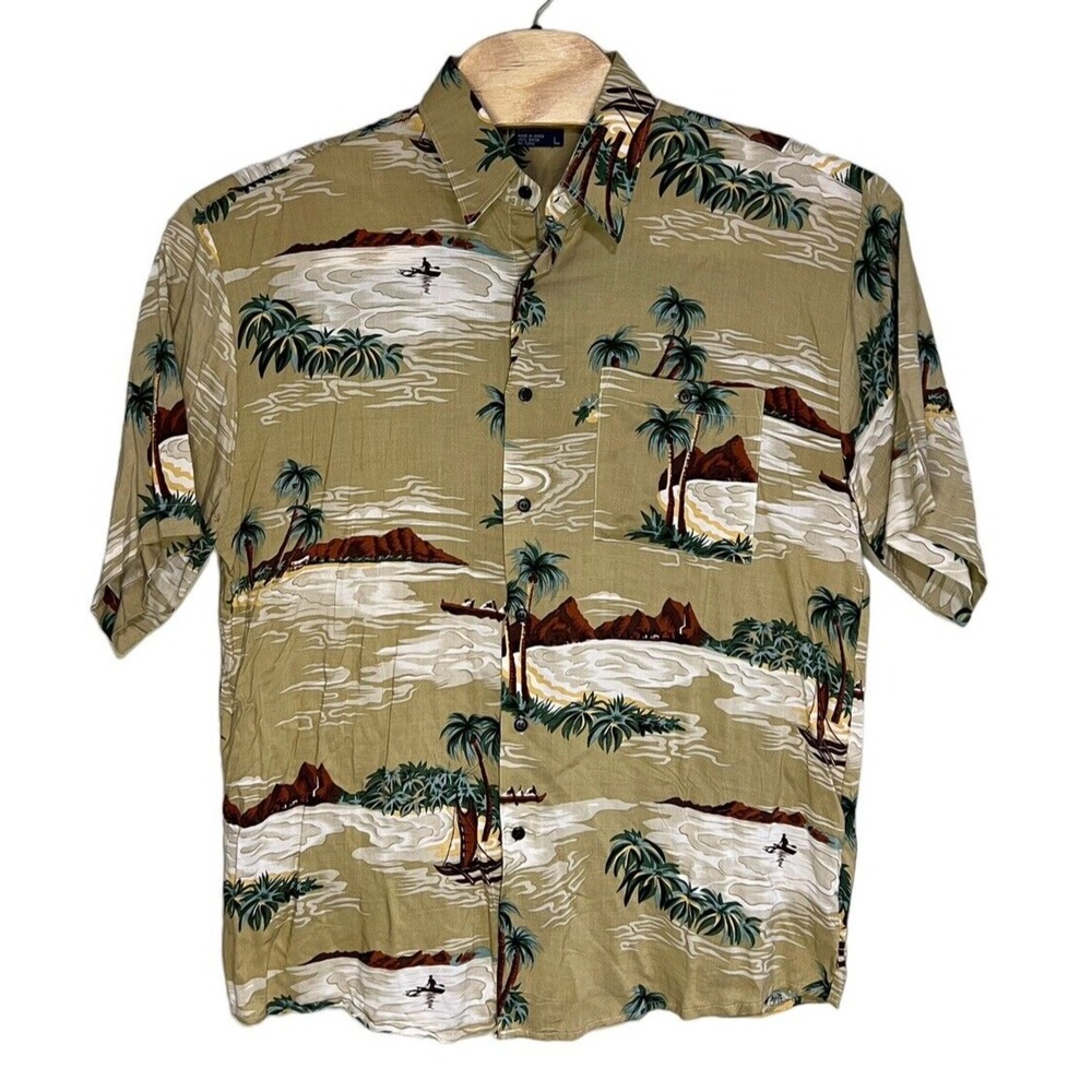 212 NYC‎ Hawaiian Shirt Mens Large Beige Button Up Aloha Tropical Comfort Rayon